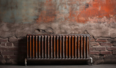 rusty central heating radiator on the background of a brick wall. ai generative - obrazy, fototapety, plakaty