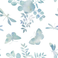 Fototapeta premium delicate watercolor background for design, seamless pattern, butterflies, dragonflies and plants
