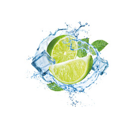 Realistic mojito drink swirl splash with lime fruit, ice cubes and mint. Refreshing beverage, lemonade or mojito drink 3d realistic vector splash splatters frozen motion with lemon, blue water and ice