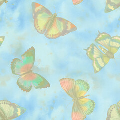Seamless watercolor pattern of butterflies of different colors on an abstract sky background.