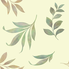 watercolor leaves, abstract seamless botanical pattern on a gentle green background, for invitation card design