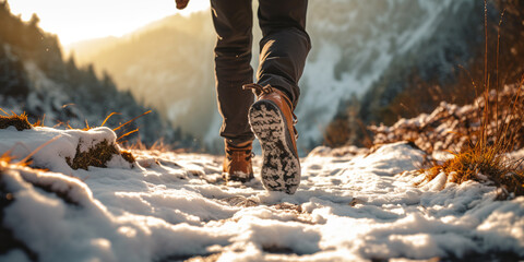 tourist walk through mountainous terrain in winter. tourist's feet in boots. ai generative - obrazy, fototapety, plakaty