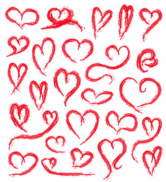 Set of hand drawn red sketch grungy hearts on white background for Saint Valentine's Day. Collection of vector doodle painted brush cute hearts various shapes for greeting card