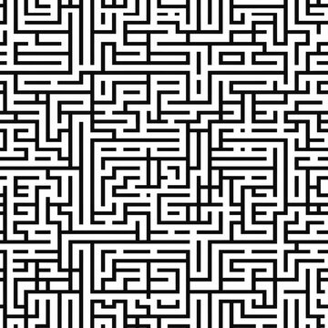Funny black and white maze pattern, seamless labyrinth tile on white background, stay focused, interesting paper play design wallpaper, find the way out, figure out the solution original challenge