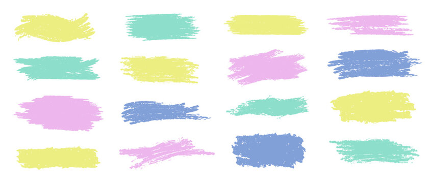 Set of pastel vector textured brush splashes. Detailed green, pink, blue and yellow blots, ink smears, paint smudges, pencil stains as text boxes. Template of freehand paintbrush strokes