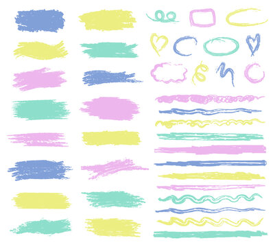 Set of cute childish pastel textured sketch elements on white background. Pink, yellow, blur, green underline markers, text boxes, brush strokes, hand drawn frames, arrows, emphasis, doodle bubbles