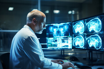 A neurologist examines brain images on a monitor in a hospital. ai generative - obrazy, fototapety, plakaty