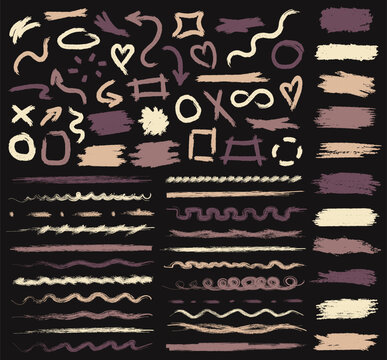 Big collection of pastel cute childish sketch elements on dark background. Doodle simple beige underline markers, text boxes, brush strokes, hand drawn frames, arrows, emphasis, doodle bubbles