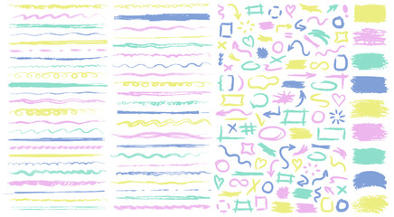 Big collection of pastel cute childish sketch elements on white background. Doodle simple colorful underline markers, text boxes, brush strokes, hand drawn frames, arrows, emphasis, doodle bubbles