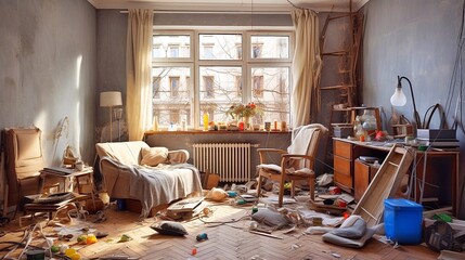 The interior of the room with a mess of furniture and things before the repair work. - obrazy, fototapety, plakaty