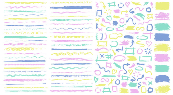 Big collection of pastel cute childish sketch elements on white background. Doodle simple colorful underline markers, text boxes, brush strokes, hand drawn frames, arrows, emphasis, doodle bubbles