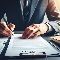 Male lawyer signing the contract with pen on clipboard, Businessperson signing contract, partnership agreement and Lawyer, broker or HR manager executive manager hand filling paper