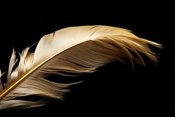 Single feather bathed in warm light, minimalist design with a tranquil feel.