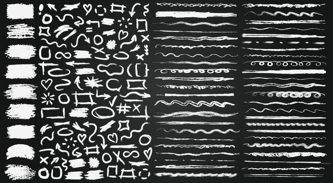 Big collection of white chalk textured sketch elements on blackboard. Doodle rough grungy underline markers, text boxes, brush strokes, hand drawn frames, arrows, emphasis, doodle bubbles, etc.