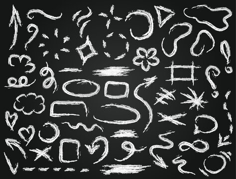 Set of vector chalk linear sketchy elements - frames, ovals, squares, arrows, check marks, crosses, scribbles, underlines, chat bubbles, emphasis. Doodle brush or pencil textured objects on chalkboard