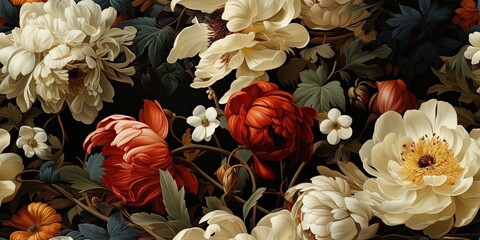 beautiful fantasy vintage wallpaper botanical flower bunch,vintage motif for floral print digital background - obrazy, fototapety, plakaty