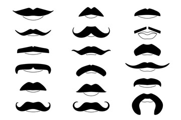Moustache silhouette shape with lip line set. Various styles mustache. Male symbol. Men's health sign. Vector illustration isolated design elements.