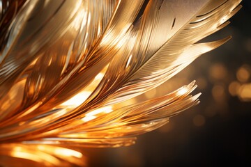 Delicate golden feather close-up with intricate details and soft lighting for a tranquil feel.