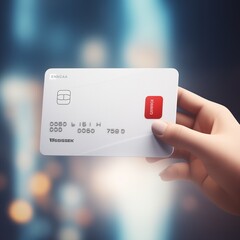 A hand holds a credit card on a blurred blue white and gold festive background, payment technology concept, paying purchase or drawing money from ATM, card with secret code, PIN or password