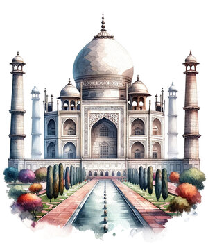  Isolated Watercolor Illustration of Taj Mahal