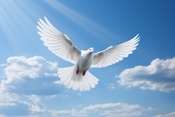 A white dove on a background of a blue sky with white clouds in a sunbeam. The dove is a symbol of the Holy Spirit and peace