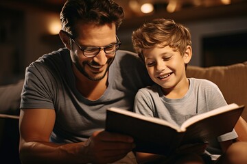 Father and son enjoy reading the Bible - obrazy, fototapety, plakaty
