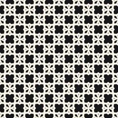 Vector seamless geometric floral pattern with simple grid, lattice, small flower silhouettes. Abstract black and white background Gothic style ornament texture. Elegant repeat design, mosaic floor