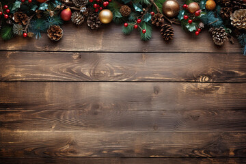 Fondo de tablones de madera antiguos con decoraciones navideñas de acebo rojo,piñas y bolas doradas con espacio vacio para texto