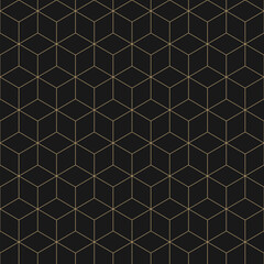 Elegant seamless pattern design with geometric hexagon lattice, gold line cube texture on black background. Simple luxury vector abstract repeat ornament. Minimalist geo design for decor, wallpaper