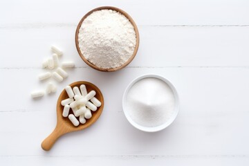 Collagen powder and pills on white background. Top view. AI Generated - obrazy, fototapety, plakaty