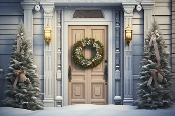 puerta de entrada a vivienda clásica decorada con corona y árboles de navidad con camino nevado - obrazy, fototapety, plakaty