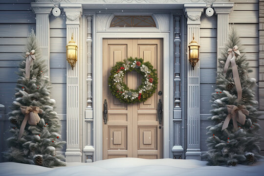puerta de entrada a vivienda clásica decorada con corona y árboles de navidad con camino nevado