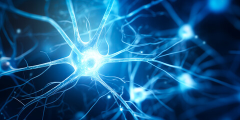 Nerve cell blue color banner, system neuron of brain with synapses. Medicine biology background - obrazy, fototapety, plakaty