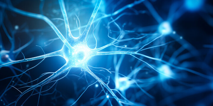 Nerve cell blue color banner, system neuron of brain with synapses. Medicine biology background