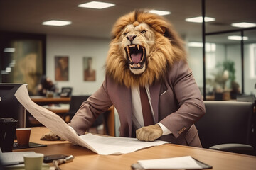 Concept furious lion businessman shouts and growls at meeting at his subordinates, throws paper. Expired contracts, boss beast in meet room. - obrazy, fototapety, plakaty