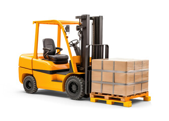 Forklift loading pallets with boxes isolated on transparent background