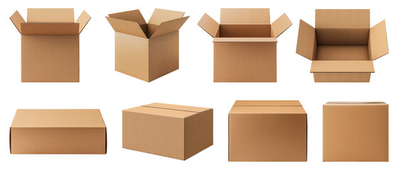 Сollection of cardboard boxes isolated on a transparent background. Mockup. - obrazy, fototapety, plakaty