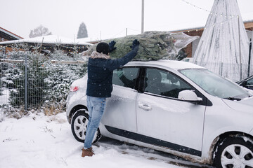 Handsome man tying to put a Christmas tree to the roof of the car to bring it home. Live fir tree...