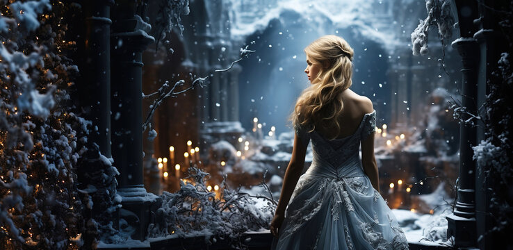 Fantasy. A young attractive girl at the entrance to a mysterious palace in winter