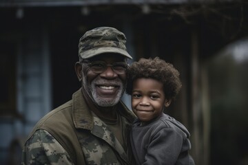 Military Afro-American Senior Veteran in Uniform with His Mixed-Race Grandson