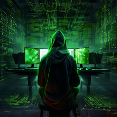 ultra realistic imagine of a hooded computer hacker, in a dark room, lit up by the neon green light from their computer screen, the walls of the room are descending lines of code disappearing as they 