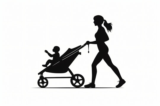 recommend clip art: Silhouette of a woman pushing a baby stroller with child waving
