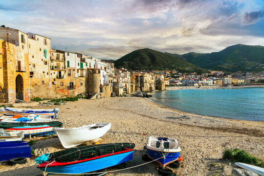 Italy. Sicily island scenic places. Cefalu - beautifl old town with great beaches