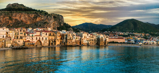 Italy. Sicily island scenic places. Cefalu - beautifl old town with great beaches - Powered by Adobe