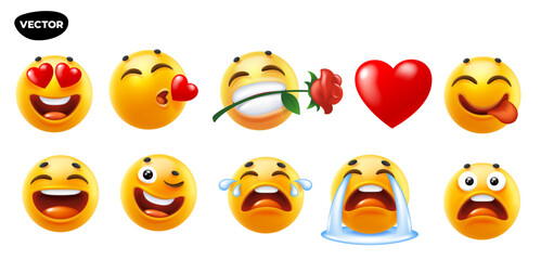 3d romantic vector style design of funny set of emoji with tongue, flower, heart, tear and smile for social media. Vector cool collection of illustration of happy fun emoticon with different emotion