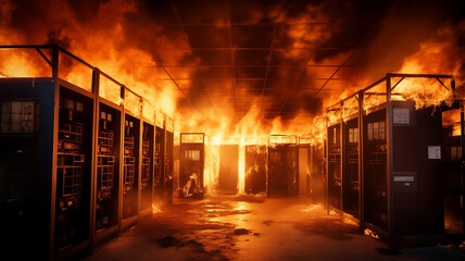 Burning server room. Data center supercomputer technology in fire