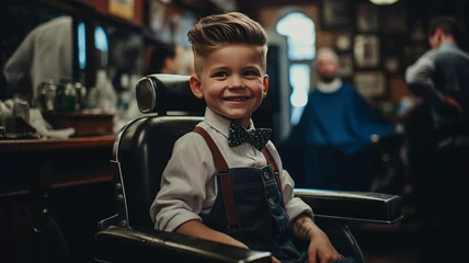 Fototapete Schönheitssalon Happy hipster child boy in barbershop with fashion haircut, background barber shop