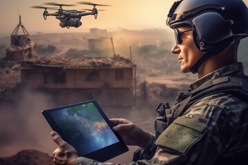 Military soldier controls drone on tablet for reconnaissance operation of enemy positions. Concept cyber technology robot in modern war - obrazy, fototapety, plakaty