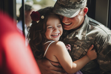 Soldier returning home after military mission of war. Emotional family reunion, baby girl daughter hugging soldier man dad - obrazy, fototapety, plakaty
