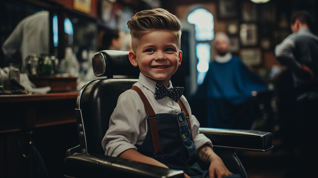 Happy hipster child boy in barbershop with fashion haircut, background barber shop